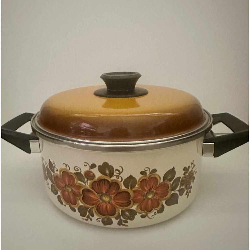 Capri Enamel Steel Dutch Oven Pot Made In Spain Vintage Floral Decal 3 Qt